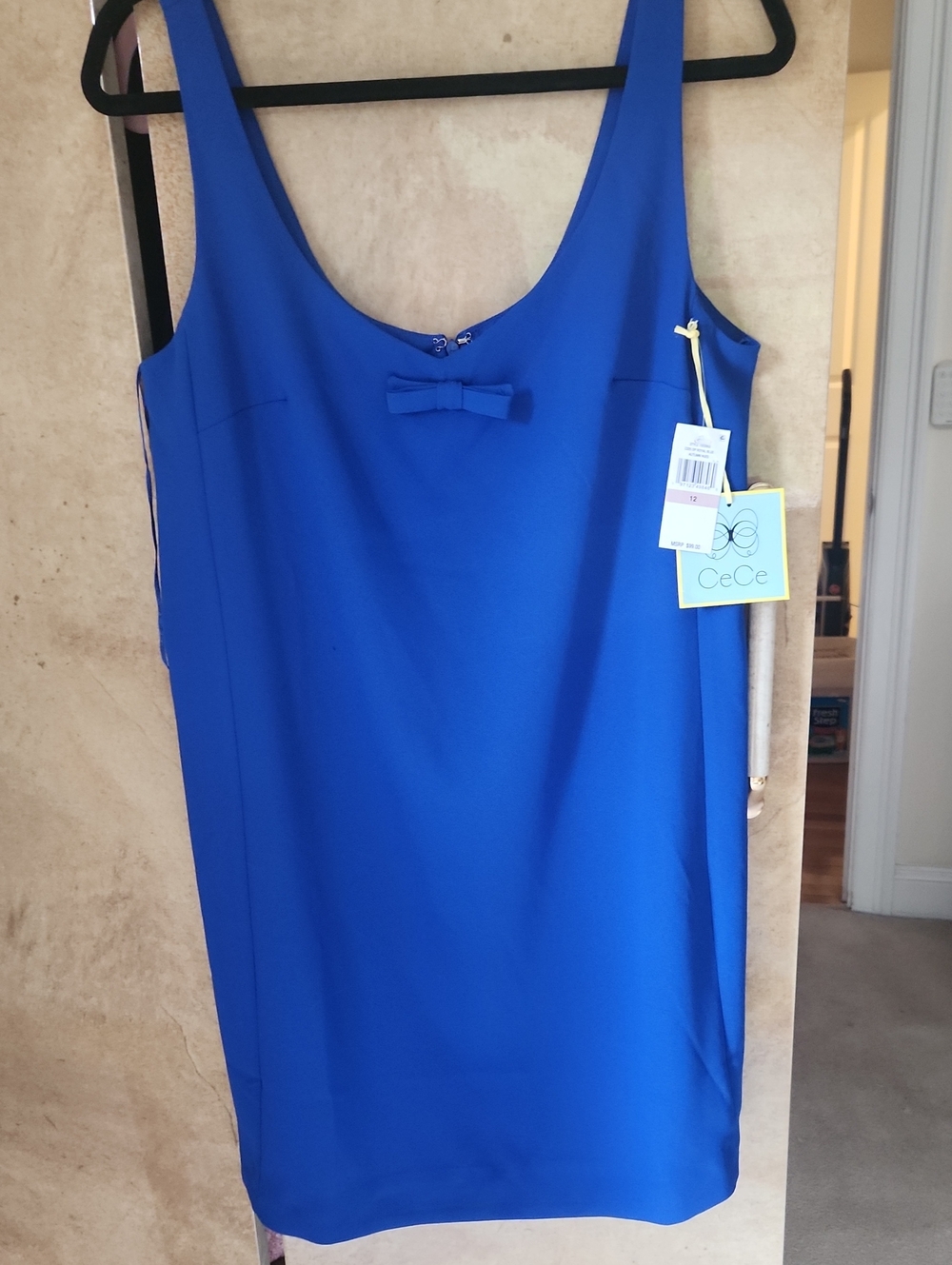 SALE !!--NWT-CeCe Cobalt Blue Scoop Neck Sheath Dress with Front Bow